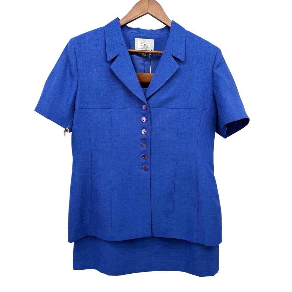 Le Suit Petite 14P Blue 2 Pc Skirt Suit Set Career Office Lined Short Sleeve